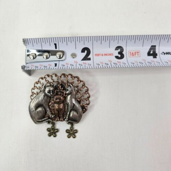 Vintage Bronze Silver Tone Cats Brooch Unmarked Pin - Picture 6 of 6